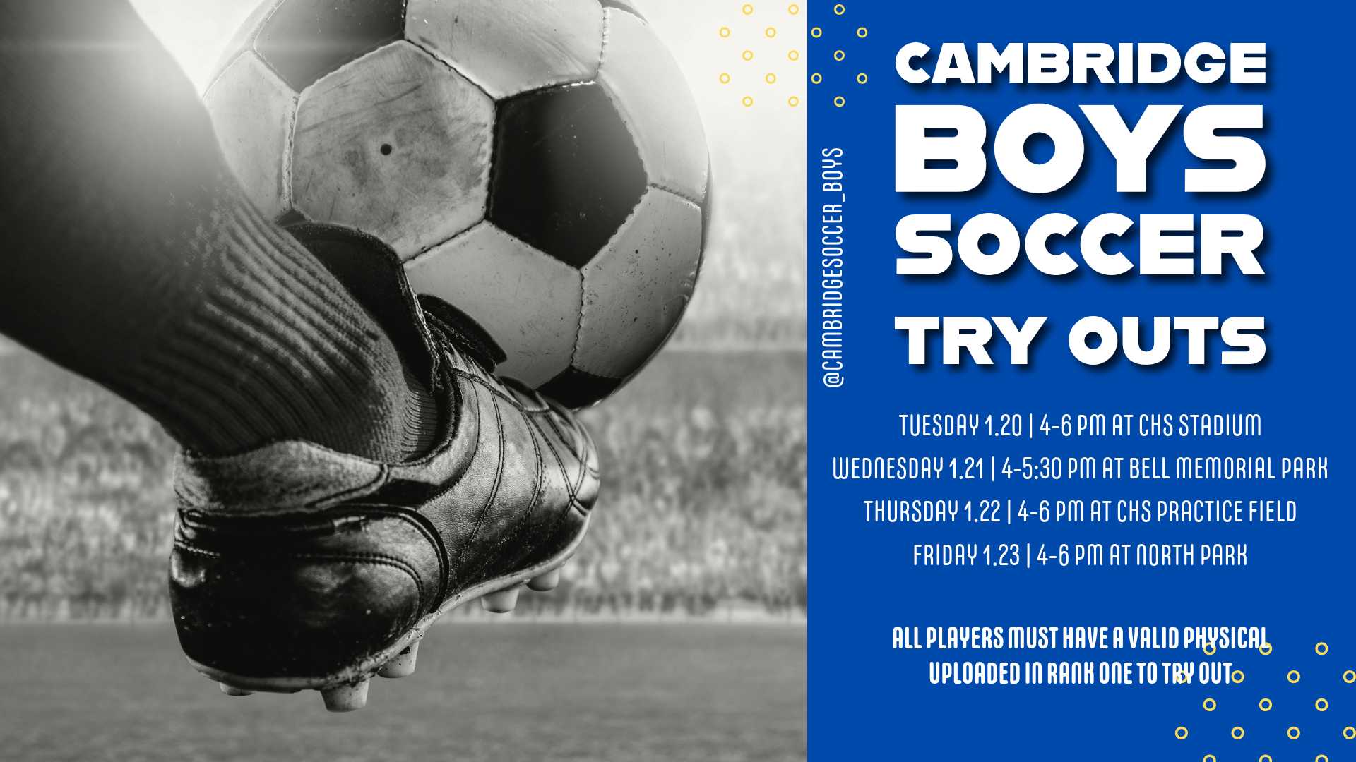 Boys Soccer Tryouts 1/20 - 1/23